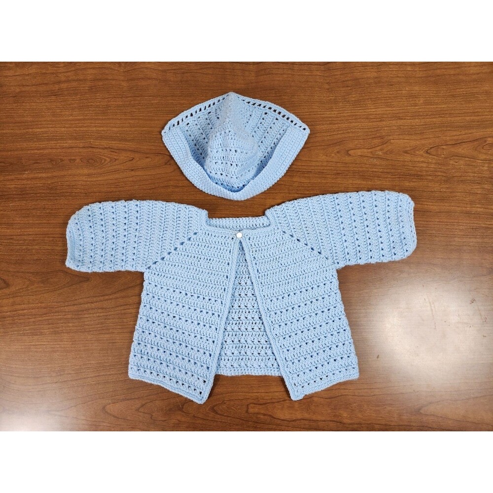 Vintage 1997 Hand-Knitted Blue Baby Boy Sweater And Matching Hat